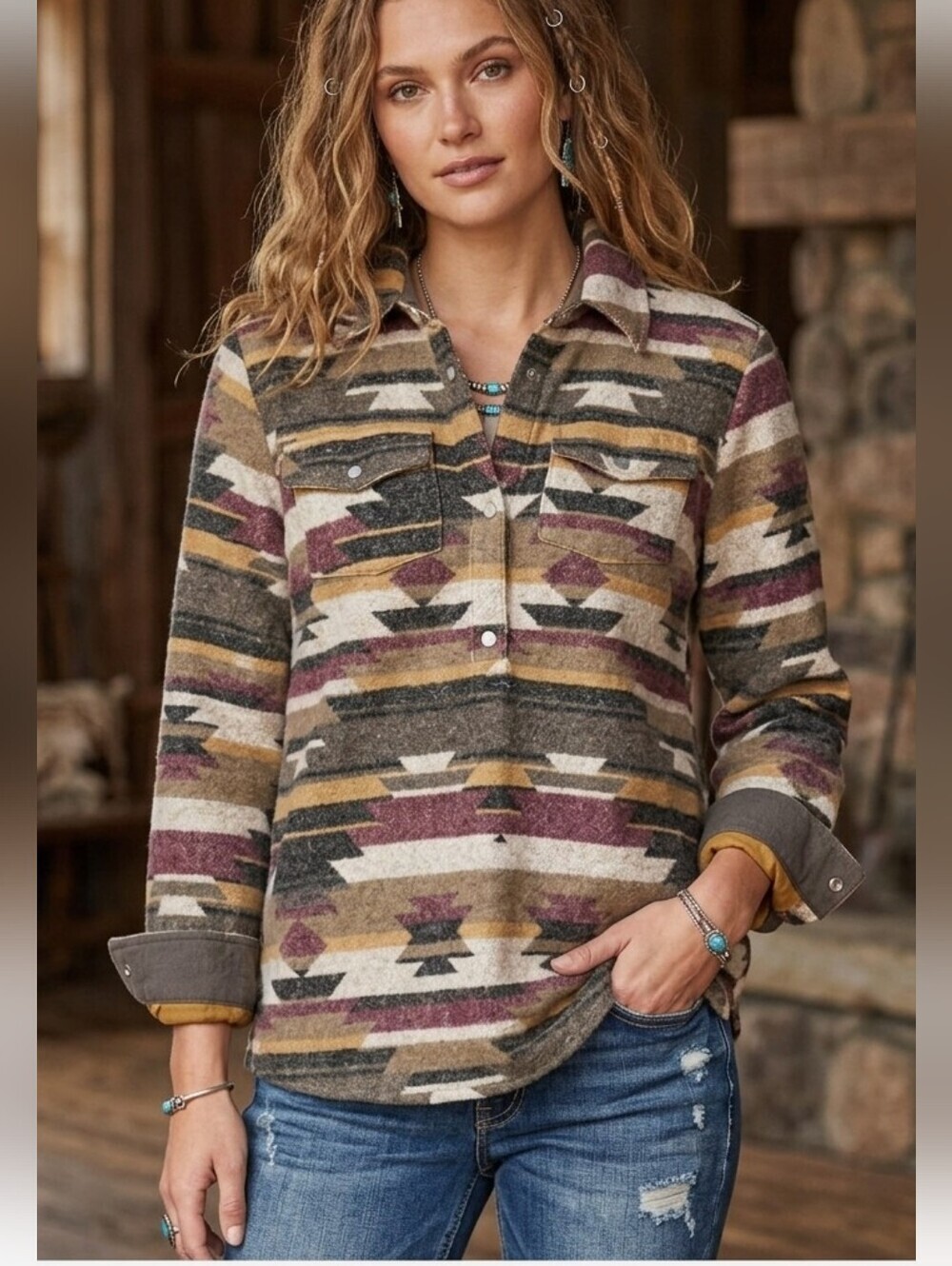 Canyon Retreat Brown Aztec Tribal Flannel Pullover Top Pearl Button Western